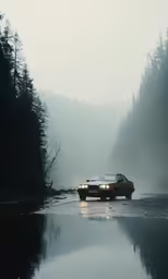 the car is driving through water in front of trees