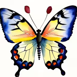 a colorful butterfly is painted in watercolor,a butterfly is painted in blues and yellow with spots,an artistic butterfly that is painted and looks like it