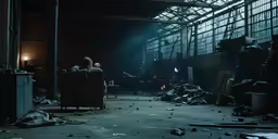 people are sitting around in an abandoned warehouse