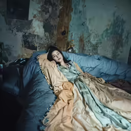 a woman laying on top of a bed covered in sheets