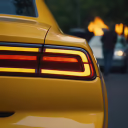 the back lights of an orange car on a street