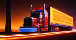 a brightly colored semi truck rides down a highway,red semi - truck carrying an advertisement with the trailer is illuminated in blue