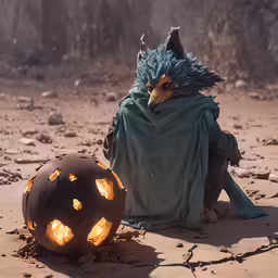 the wolf with the glowing orange eyes is holding a cat pumpkin