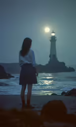 a woman looks out at the water in front of the ocean
