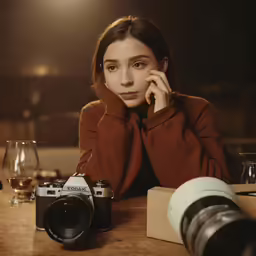 a woman sitting at a table with a camera