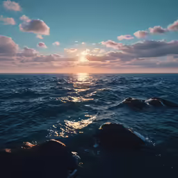 sun setting over the ocean with blue water