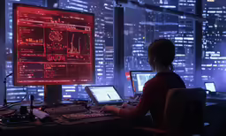 a woman is sitting in front of two computers