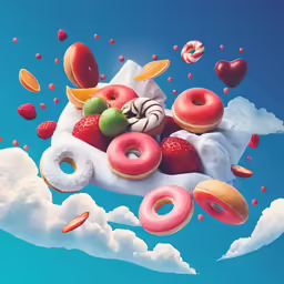 an advertisement featuring a donut falling into a mixture of assorted doughnuts and pastries