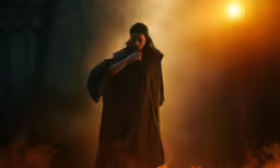 a man in a long cape walks through a fire