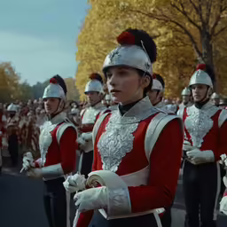 a group of people in red and silver uniforms are lined up along side each other