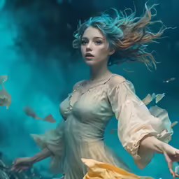 a woman that is standing under water