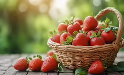 a basket of strawberries, surrounded by green leaves