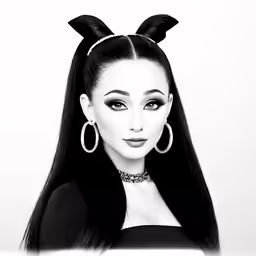 a woman with very long black hair wearing big hoop earrings and a bun