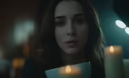 woman holding a mug looks on while seated in front of a few lit candles