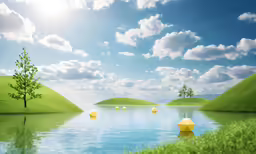 an artistic image of green landscape with white balls floating in the lake