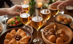 people holding wine glasses over a plate of food