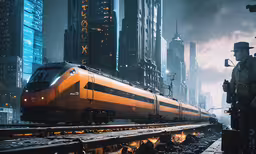 a train traveling through a city with people standing near by,the train is coming down the track by a large city