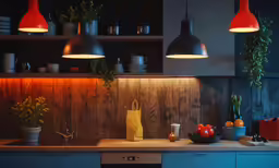a wooden shelf holding plants, fruits and bowls
