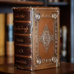 two leather books sitting on top of a wooden table