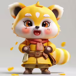 a very cute yellow and brown animal with a scarf,an animated figure that appears to be a fox or other animal