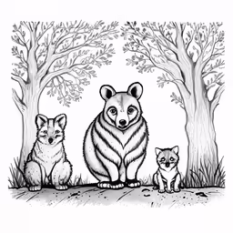 two little animals sitting in front of trees