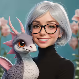 the woman with white hair is holding a large toy dragon