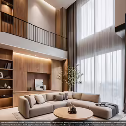 an open concept living room with high ceilings and a curved couch