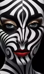 a woman with black and white makeup and long eyelashes