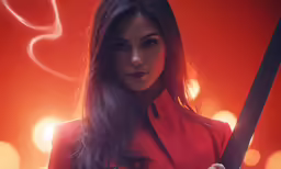 a young lady in red poses with a big sword