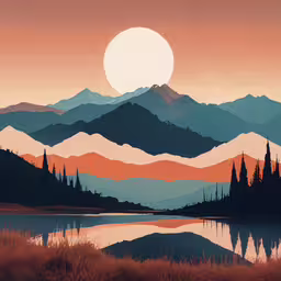a colorful painting of a mountain range with a sun setting in the background,a painting of a mountain lake at sunset