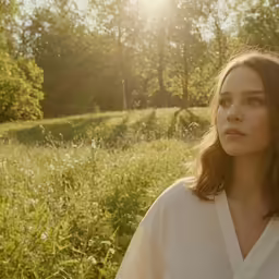 a woman is sitting in a field of grass