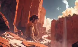 the boy on the mountain looks at the waterfall