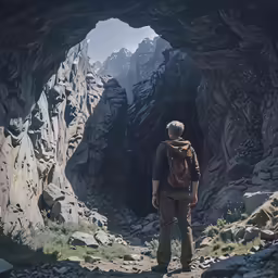 a man walking through the rocks near a cave