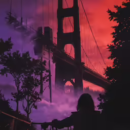 a man holding his bike, and looking at the view of the golden gate bridge at night