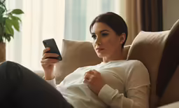 a woman holding a smart phone while sitting in a chair