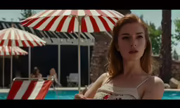 woman at a beach with large red and white umbrella
