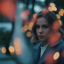 a woman is looking at the lights on her coat