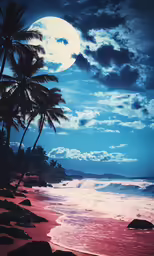 a full moon above the ocean next to a palm tree