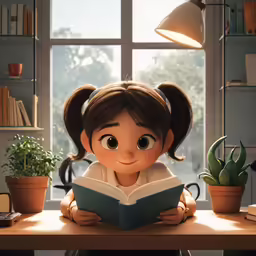 a cartoon girl sitting at a table reading a book