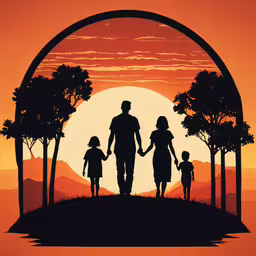 family walking together through an archway in the desert,a silhouette of people walking with the sun setting
