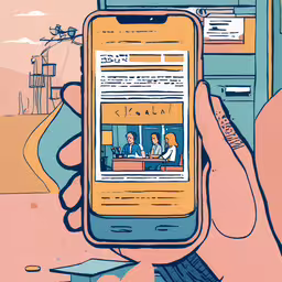 a hand is holding up a smartphone with a cartoon of people on it,an illustrated of a person looking at a phone