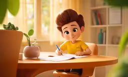 an animated character sitting at a desk with a pen
