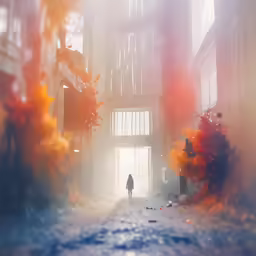 a person walks down a street in front of an entrance
