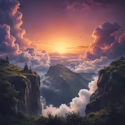 the sun shining behind the clouds over a mountain