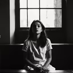 a woman sitting in front of a window in a black and white photo