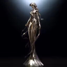 a statue with a halo shining above it,a woman standing alone in the light of a bright bulb