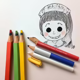 drawing with colored pencils next to some colorful crayons