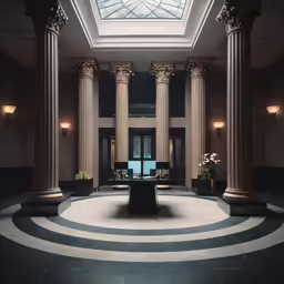a large round room with columns, a desk and other items