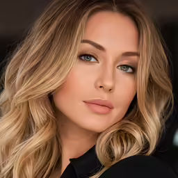 a woman with blonde hair looking at the camera