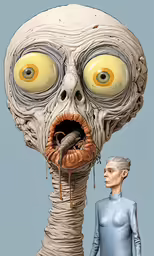 a man standing next to an evil statue with eyes
